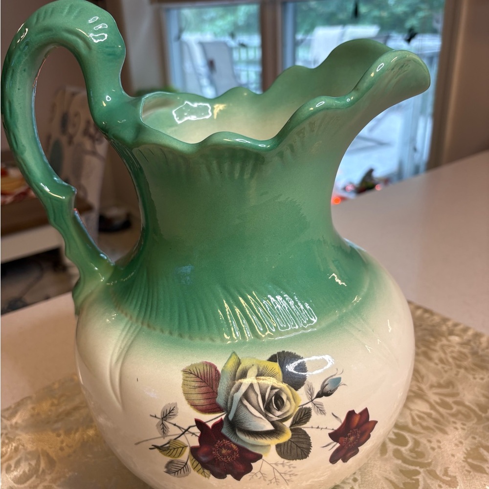 Vintage Mayfayre Staffordshine Green and Cream Floral Ceramic Pitcher - Picture 3 of 8